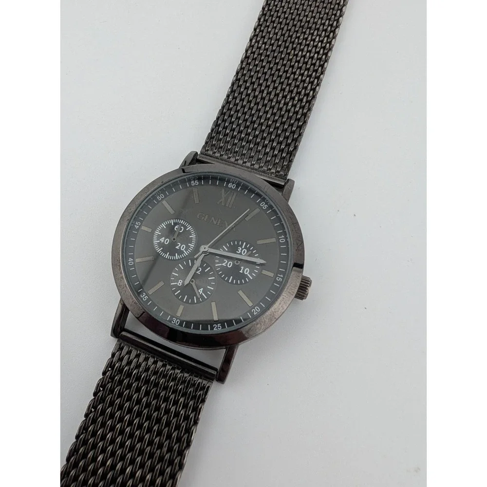 Geneva Watch‎ Men 42mm Case Gunmetal Tone Mesh Metal Band w/ Box- New Battery